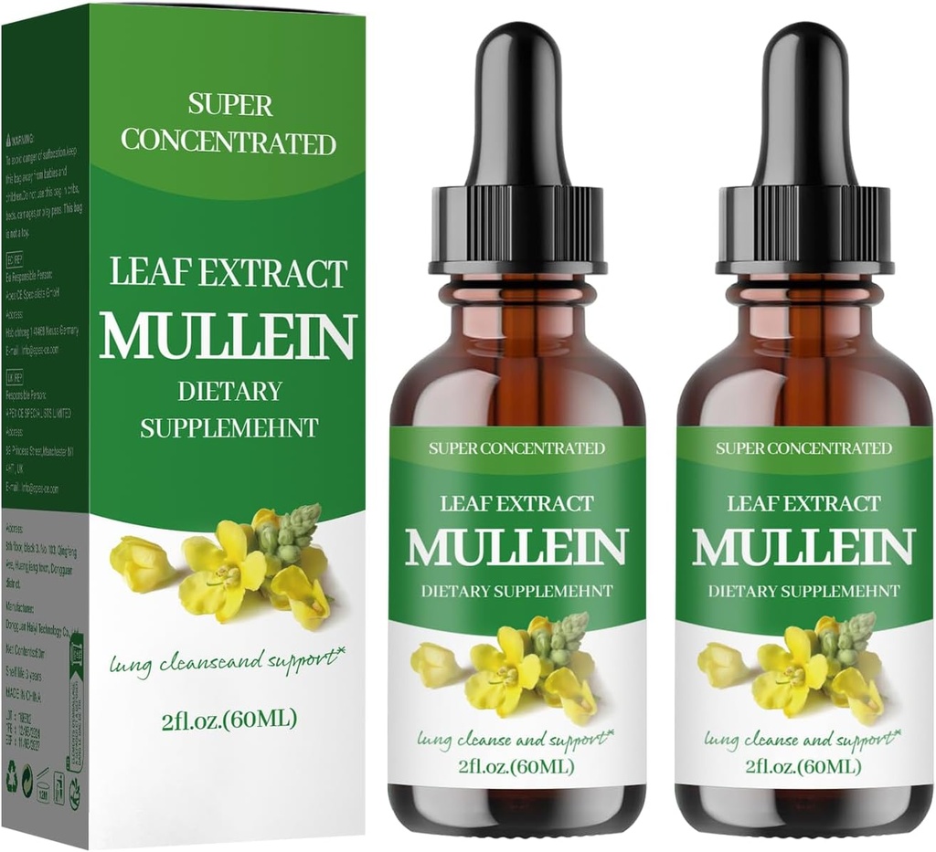 Mullein Drops para pulmões, Mullein Leaf Extract - Suporte Lung Cleanse - Suplemento Natural Orgânico para Adulto, Tincture Drops - Não-GMO, Vegetarian Healthy Lifestyle-(2Pack)