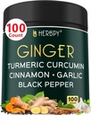 Herbpy 5in1 Ginger and Turmeric Supplements with Ceylon Cinnamon, Garlic - Digestion, Immune, Brain & Heart Health Support - 100 Ginger Capsules