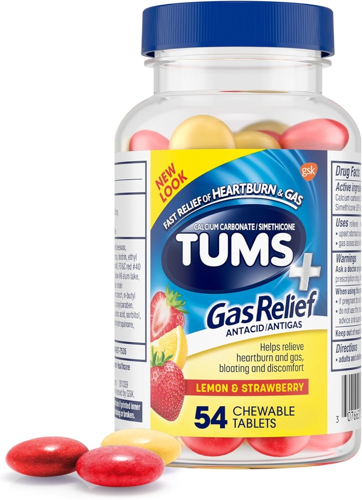 TUMS Chewy Bites Txikwable Antacid Tablets Gas Relief, Lemon & Strawberry - 54 Count
