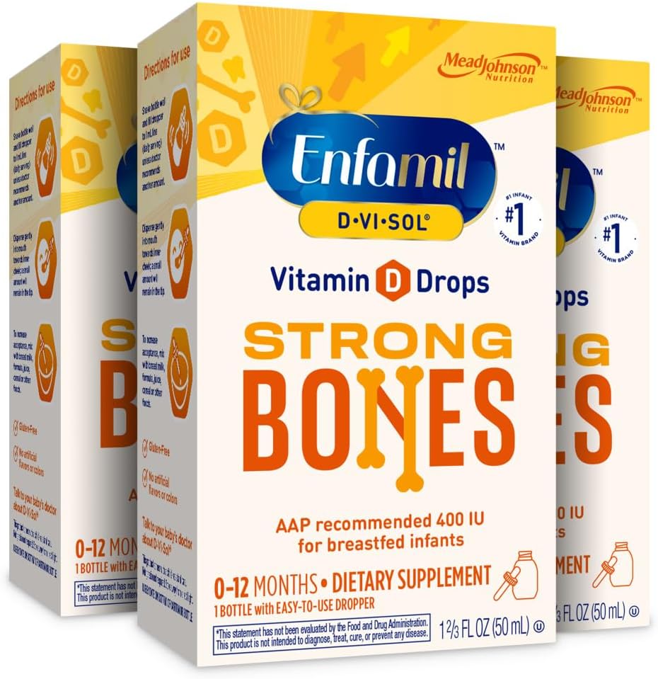 Enfamil D- Vi- Sol Witamina D Płyn Suplement krople dla niemowląt, Wsparcie silne zęby i kości w nowo narodzonych dzieci, Easy- to- Use, Gluten Free, 50 ml Dropper Butelka, Opakowanie po 3