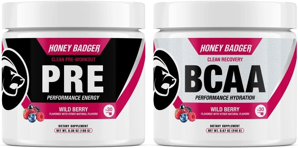 Honning Badger Pre trening pulver & BCAA Aminosyrer pulver Bundle | Beta Alanine, koffein & vitamin C + Electrolytes | Vegansk keto sukker gratis og paleo for menn og kvinner | 30 serveringer (Wild Berry)
