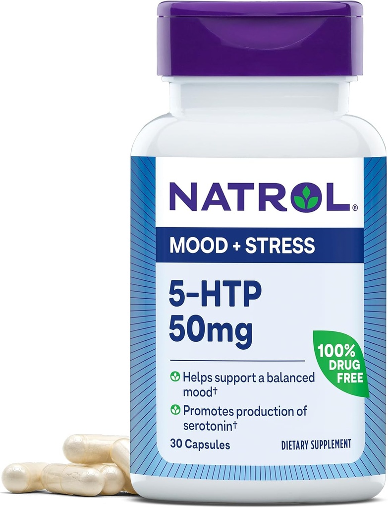 Natrol Mood & Stressi 5- HTP 50mg, ravintolisä auttaa tukemaan tasapainotettu mieliala, 30 kapselia, 7-30 päivän tarjonta