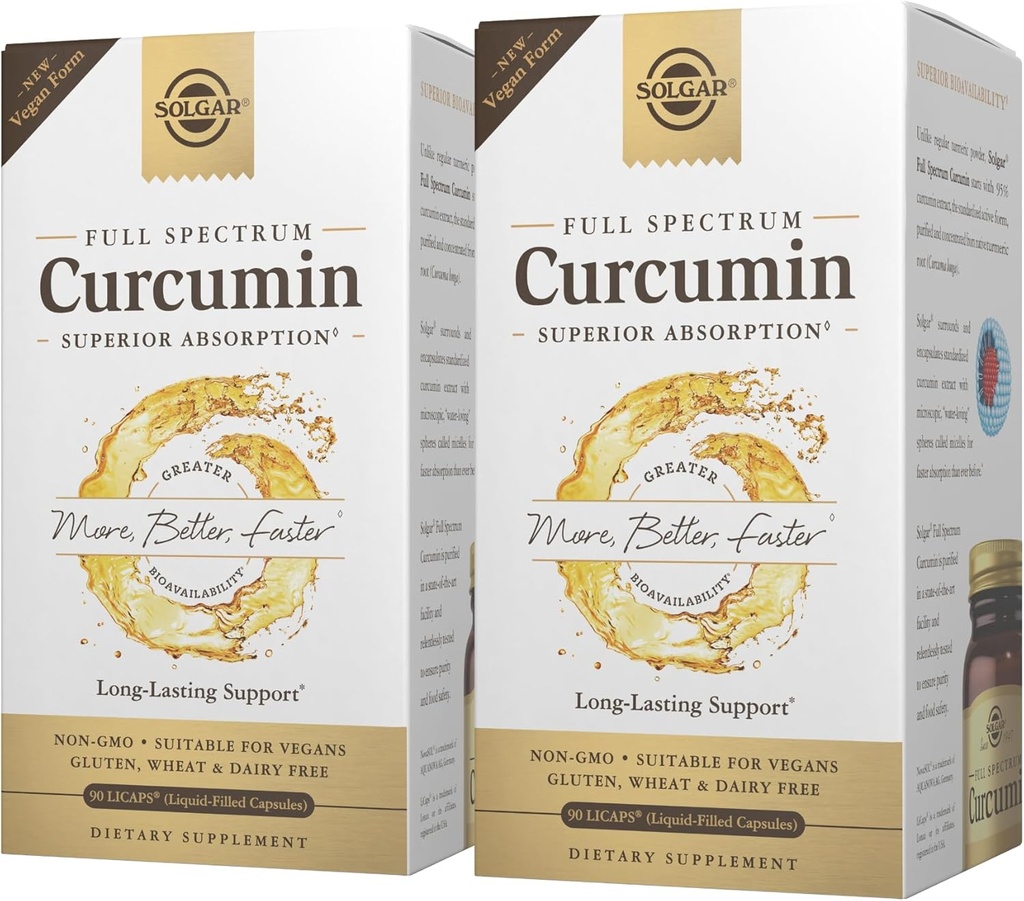 Solgar Full Spectrum Curcumin - 90 LiCaps, Pack of 2 - Superior Absorpce - Brain, Joint & Imunitary Health - Non- GMO, Vegan, Gluten Free, Dairy Free - 180 Total Servings