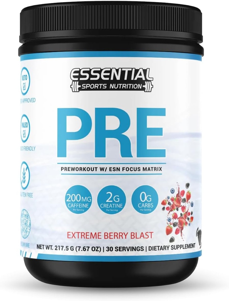 PRE 124; Prieš treniruotės su kreatino, Focus formulė, ir 200mg kofeinas (n / a, Ekstremalus Berry Blast)