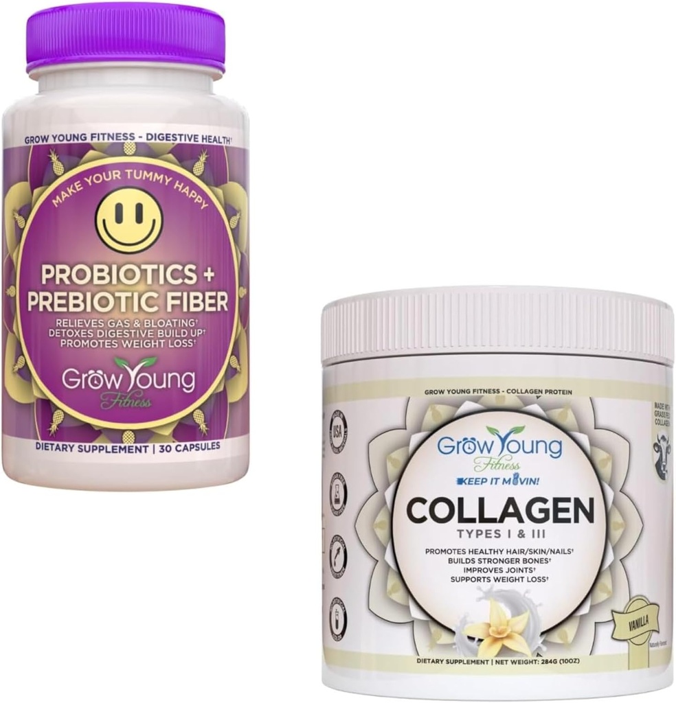tumbuh Probiotik Kebugaran Muda dan Vanilla Collagen - Mendukung Kesehatan Digetsy dan Promoses Skin dan Bones - (1) 30- Paket Progories + 12.4oz dari Powder Vanilla Collagen
