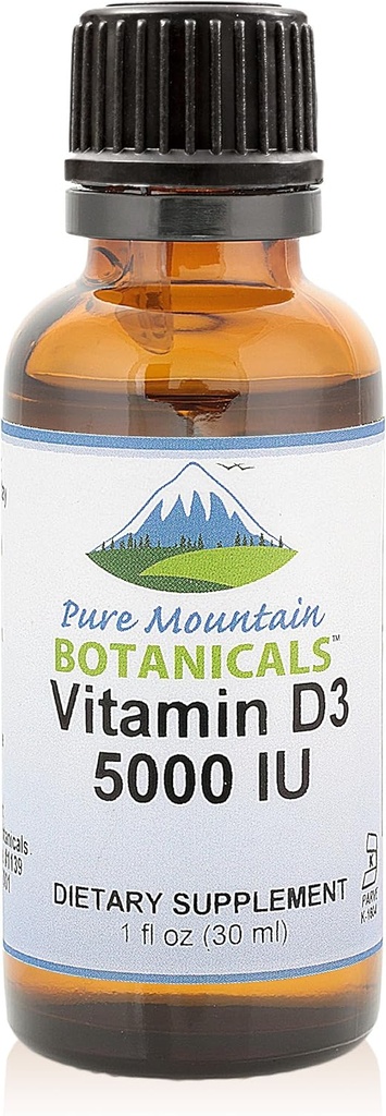 Pure Mountain Botanicals Liquid Vitamina D Drops - Sem sabor Kosher D3 Liquid Drops in MCT Oil - 5000UI por serviço - 1 oz garrafa