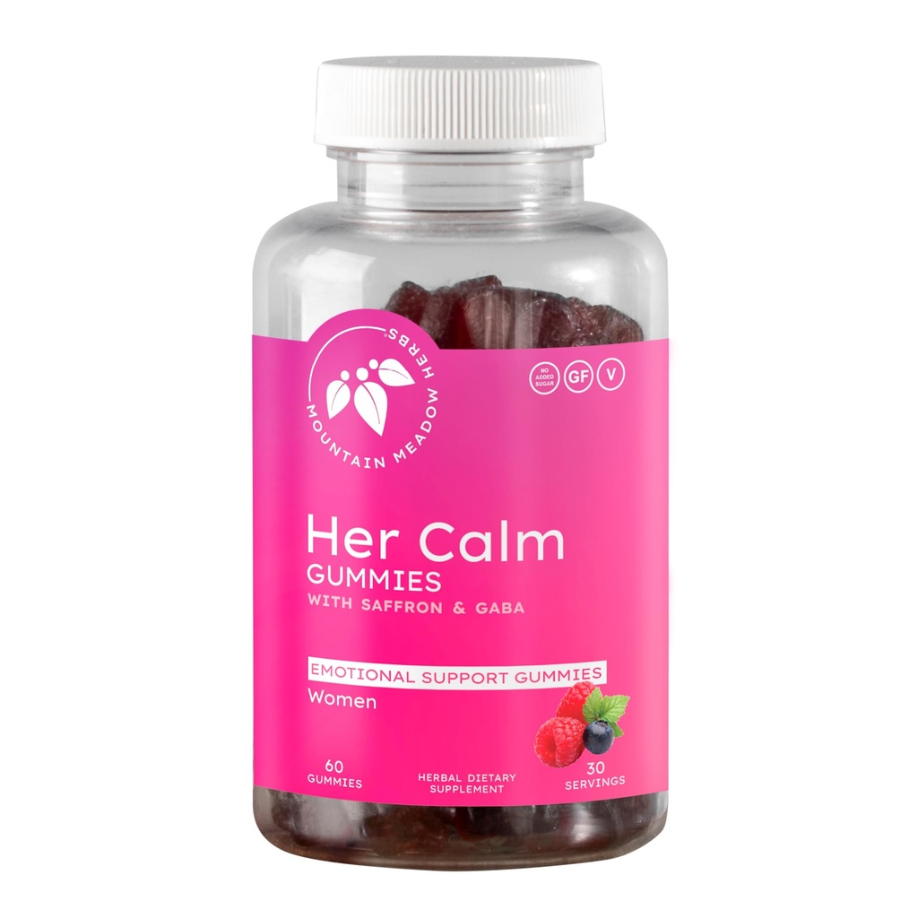 Mountain Meadow Herbs Her Calm Gummies – Natural Mood Support with Saffron, Passion Flower, St. John’s Wort, GABA – Stress Relief Supplement for Women – 60 ct