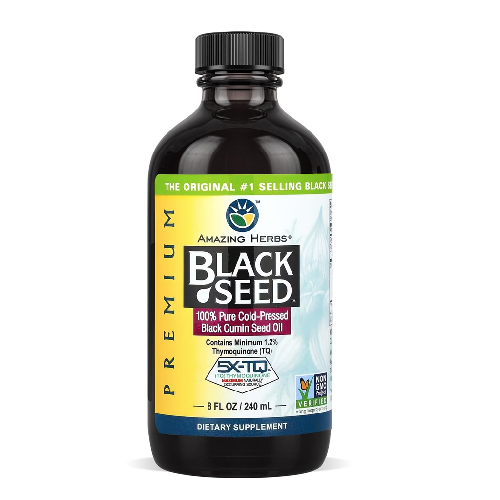 Amazing Herbs Premium Liquid Black Seed Oil - Cold Pressed with Nigella & Sativa, Aids in Digestive Health, Omegas 3 6 & 9, Immune Support, Brain Function, Non GMO, for Men and Women - 8 Fl Oz