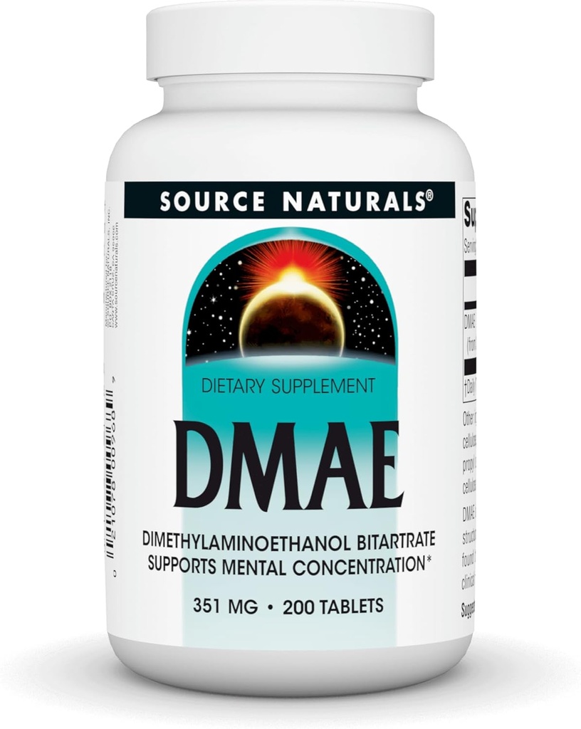 Source Naturals DMAE, Dimethylaminoethanol Bitartrate - Supports Mental Concentration - 200 Tablets