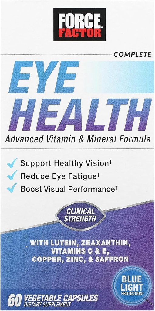 ForCE FACTOR Complete Eye Health, Clinical Strength Eye Vitamins with Lutein ' Zeaxanthin to Support Vision, Eye Function, and Blue-Light Protection, Eye Health supplements for Adults, 60 Capsules