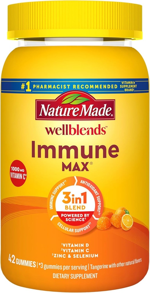 Natur gemacht Wellblends ImmuneMAX Gummie, Vitamin C 1000mg + Zink, Selen, & Vitamin D3 5000 IU, Immununterstützungsergänzung, 42 Gummi