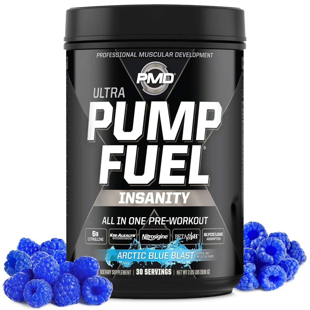 PMD Sports Pump Fuel Ultra Insanity - Premium Pre Workout Powder & Muscle Pump, Greater Focus, Endurance & Recovery, Premium Creatine, Arginine & Beta Alanine - Arctic Blue Blast (30 Servings)