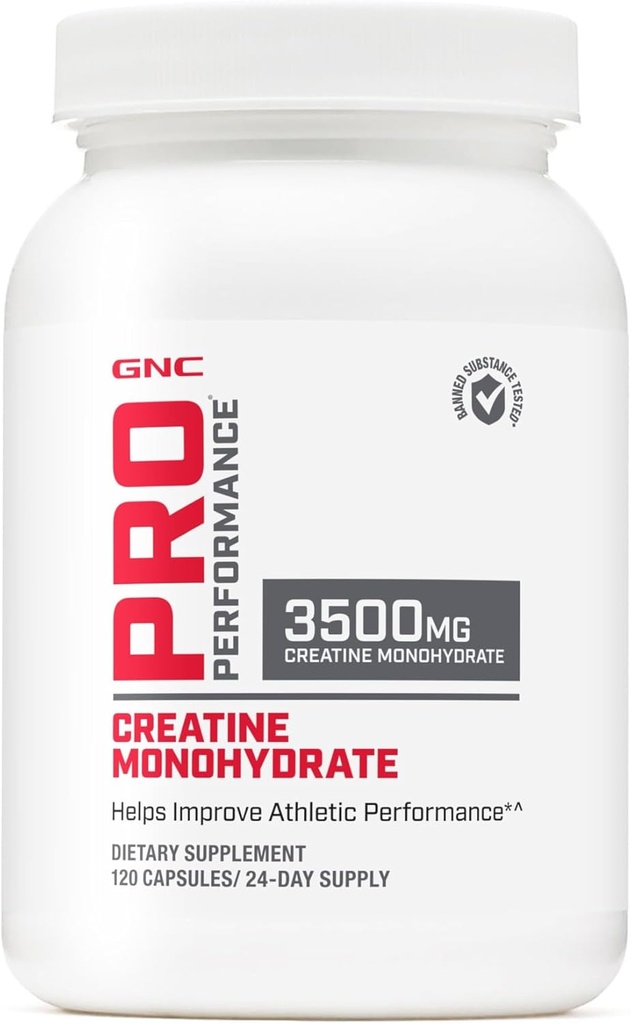 GNC Pro Performance Creatine Monohydrate 3.5g Suplemento, mejora el edificio del músculo, resistencia y rendimiento, 120 cápsulas, 24 obras