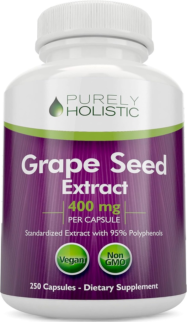 Purely Holistic Grape Extract 20,000mg - 250 Vegan Capsules - 8 + Bulan Suply - Standardisasi ke 95% Polyphenol - 400 mg per Capsule - Maximum Grapeseed - Non-GMO & Pestisida Bebas