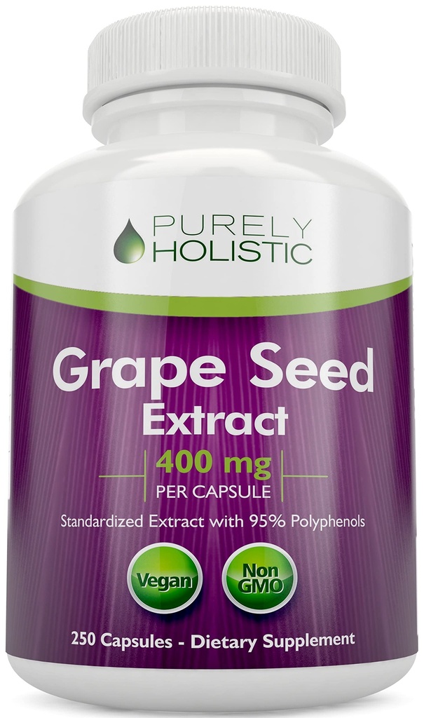 Purely Holistic Grape Seed Extract 400mg per Serving- 250 Vegan Capsules - 8+ Month Supply - Standardized to 95% Polyphenols - Maximum Strength Grapeseed - Non-GMO & Pesticide Free
