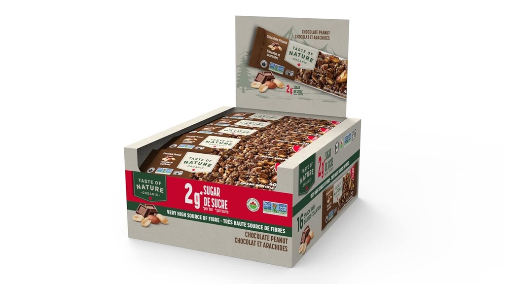 Sabor da natureza - 2g de açúcar Amendoim de chocolate - Lanchonete de açúcar baixo e bar de café da manhã, Barra de energia de alta fibra - 16 Count Snack Pack