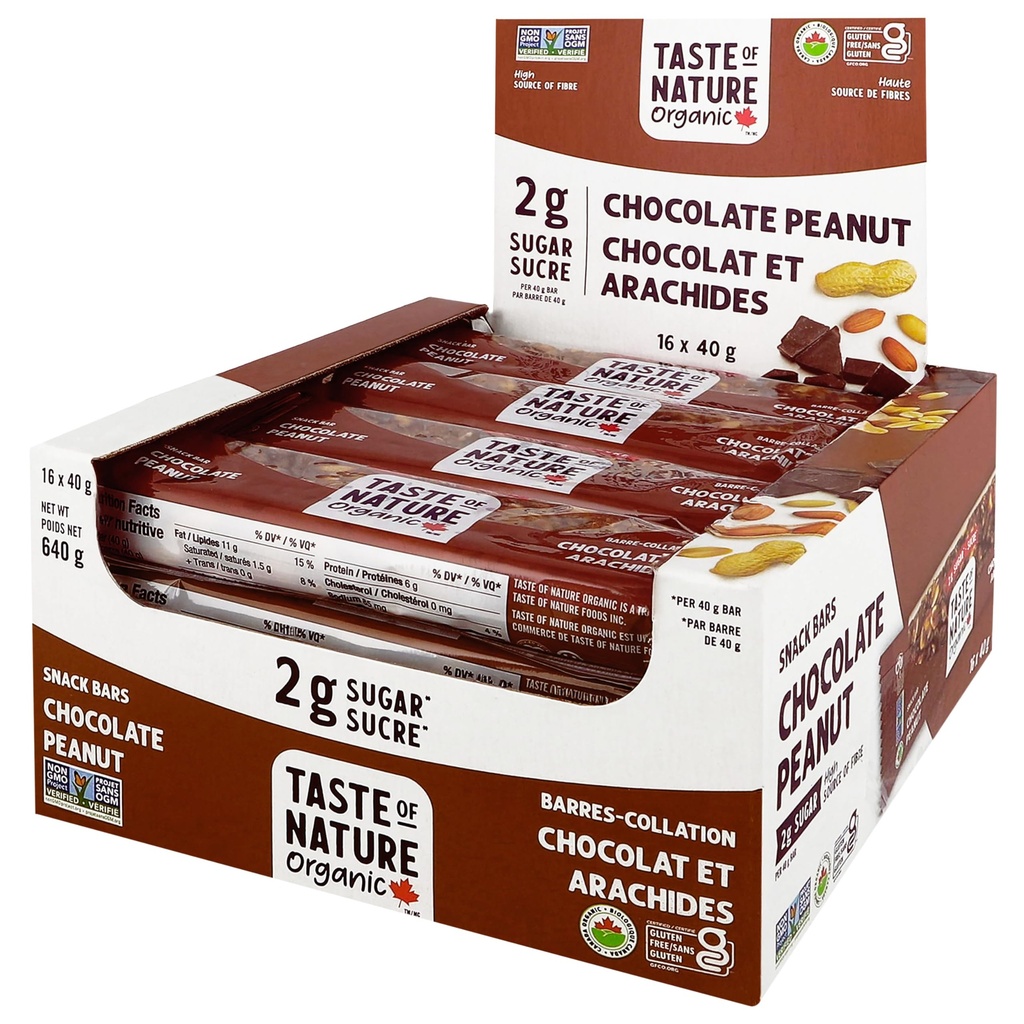 Taste of Nature - Organic 2g Sugar Chocolate Peanut - Low Sugar Snack and Breakfast Bar, High Fiber Energy Bar - 16 Count Snack Pack