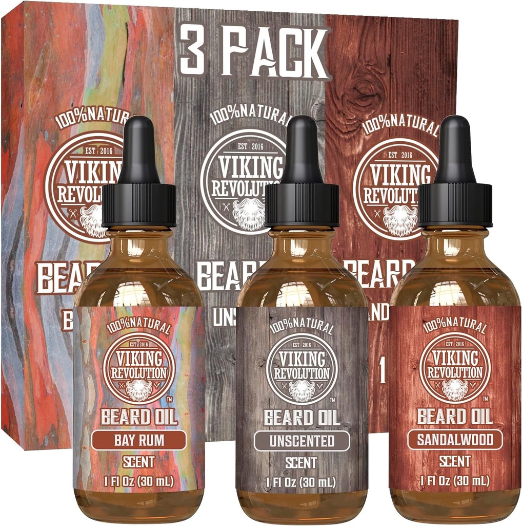 Viking Revolution Beard Oil for Men 3 Pack - Natural Mens Beard Oil Variety Set 2 - Sandalwood, Unscented e Bay Rum Scents - Beard Conditioning e Moisturizing for a Healthy Beard (3 Pack, 1oz)