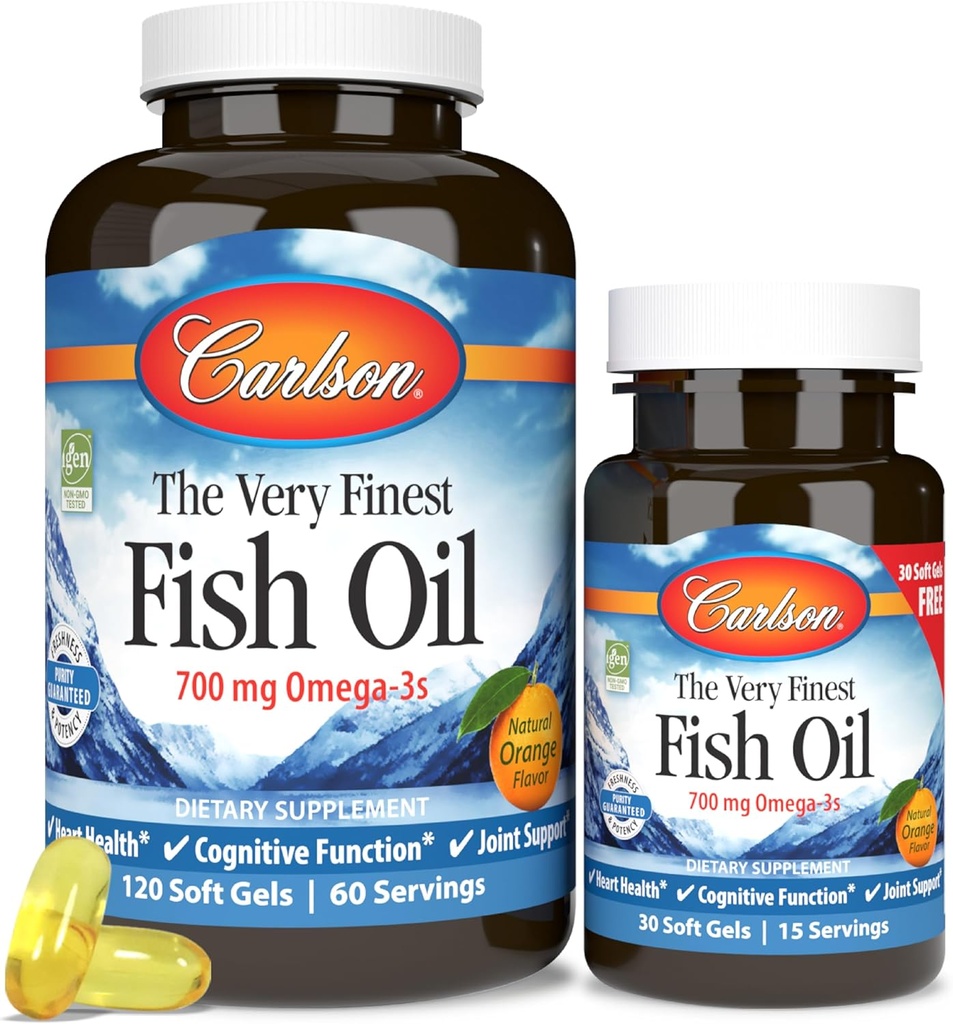 Carlson - Cel mai fin ulei de pește, 700 mg Omega-3s, Norvegian Fish Oil Supplement, Wild Caught Omega-3 Ulei de pește, Sustenabil capsule de ulei de pește, Omega-3 Supliment, Orange, 120+30 Softgels