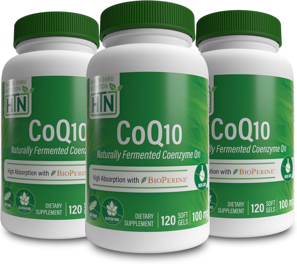 Health Thru Nutrition CoQ-10 100mg with BioPerine (Pack of 3X 120 Softgels) | High Absorption Naturally Fermented USP Grade Coenzyme Q10 | 3rd Party Tested | Heart Health and Energy Support