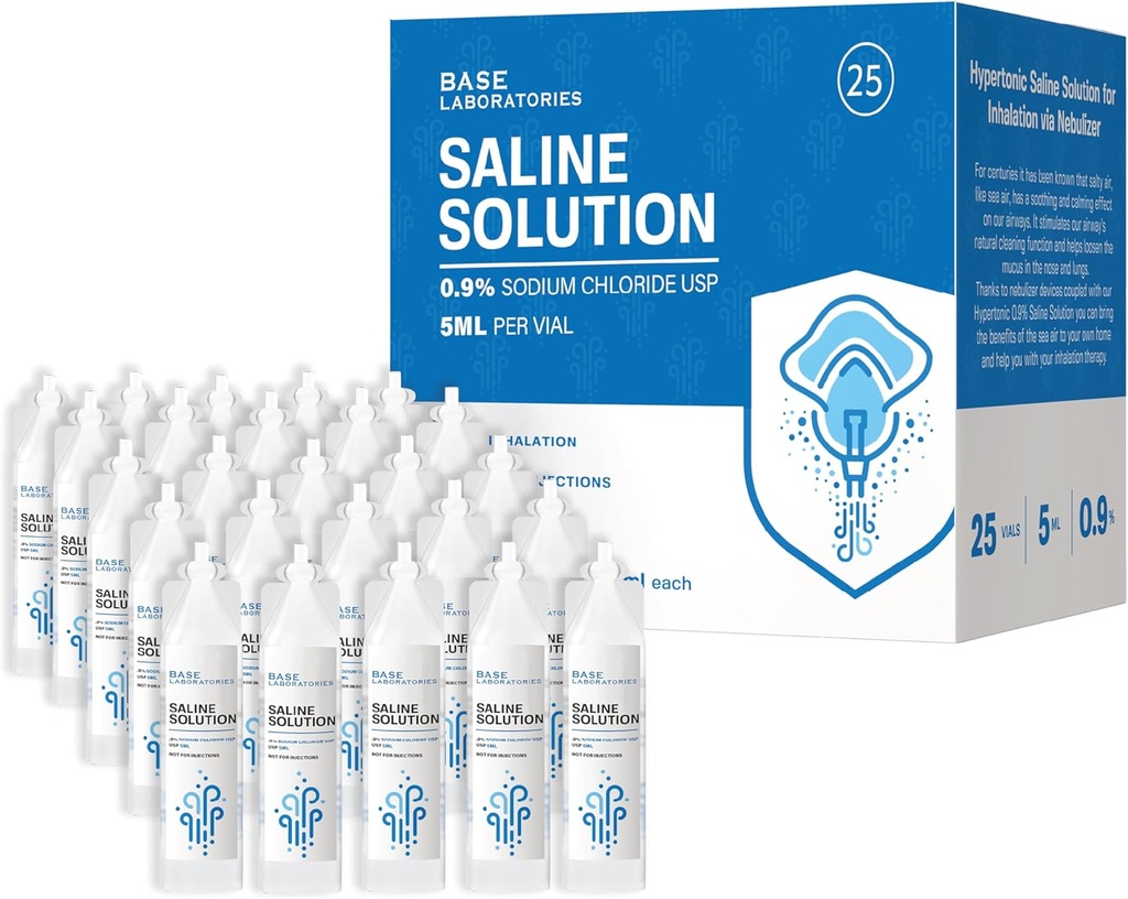 BASE LABORATORIES 0.9% Saline Solution for Nebulizer Machine | Saline Solution for Inhalation & Nasal Irrigation | 0.9% Concentration l 25 Vials 5ml Unit Dose