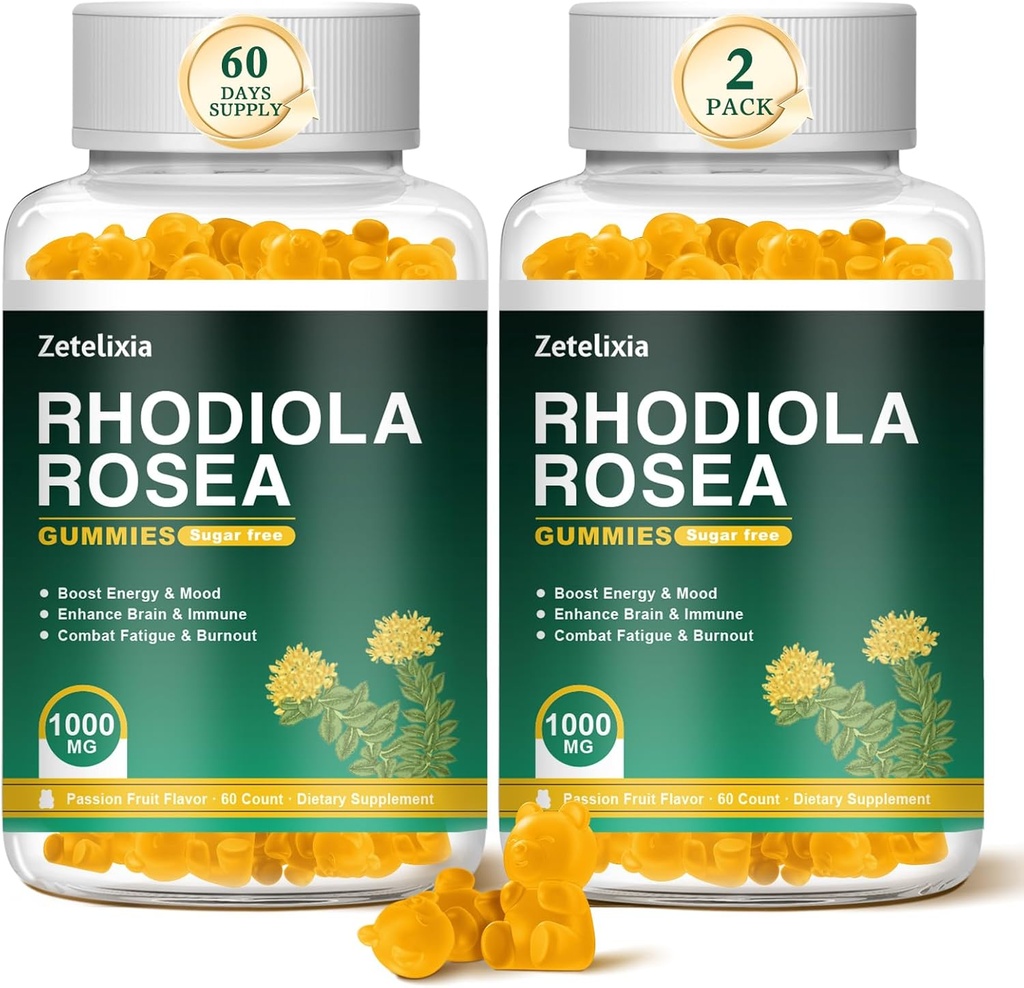 2 Пакет Sugar-Free Rhodiola Rosea Gummies 1000mg, Rhodiola Rosea Supplement для жінок і чоловіків, Підтримка витривалість, настрій та енергія, Non-GMO, Vegan, 120 Count
