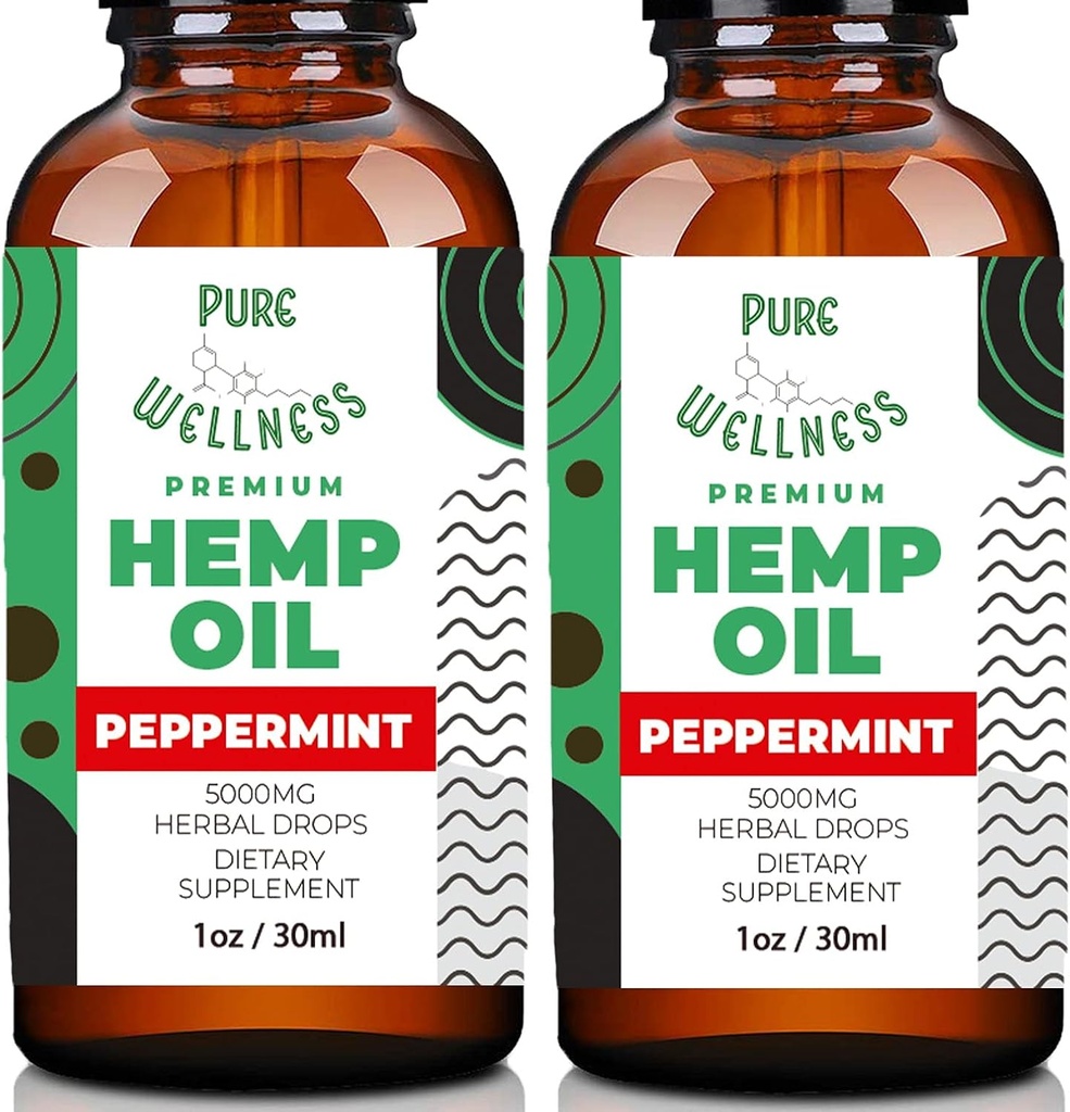 Pure Wellness Hemp Seed Oil Drops Peppermint Flavor for Improved Cognitive Function, Omega 3 6 9 Kwasy tłuszczowe, Organic, Non-GMO, Vegan (5 000 mg 2- Pack)