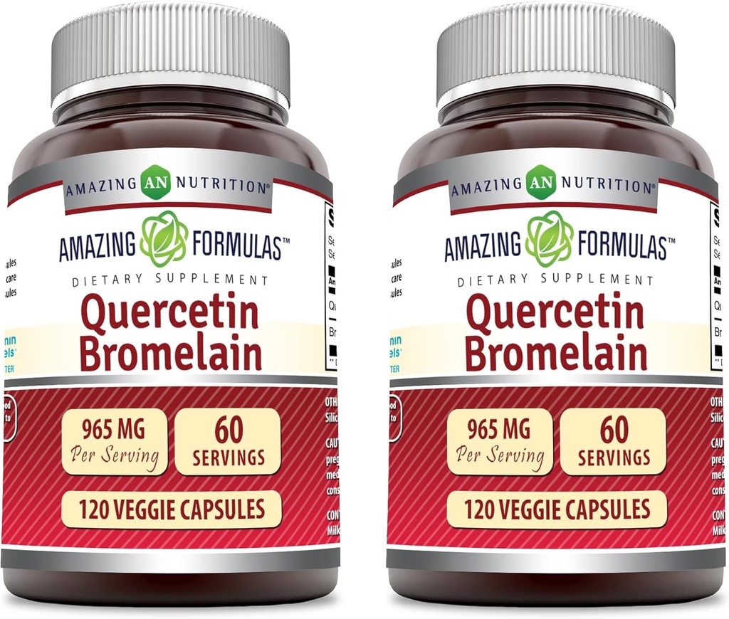 Amazing Formulas Quercetin 800mg ar Bromelain 165mg, 120 Veggie kapsulas papildinājums (2 iepakojums) - Non-GMO - bez glutēna - Atbalsta Kopumā veselība un labi būt
