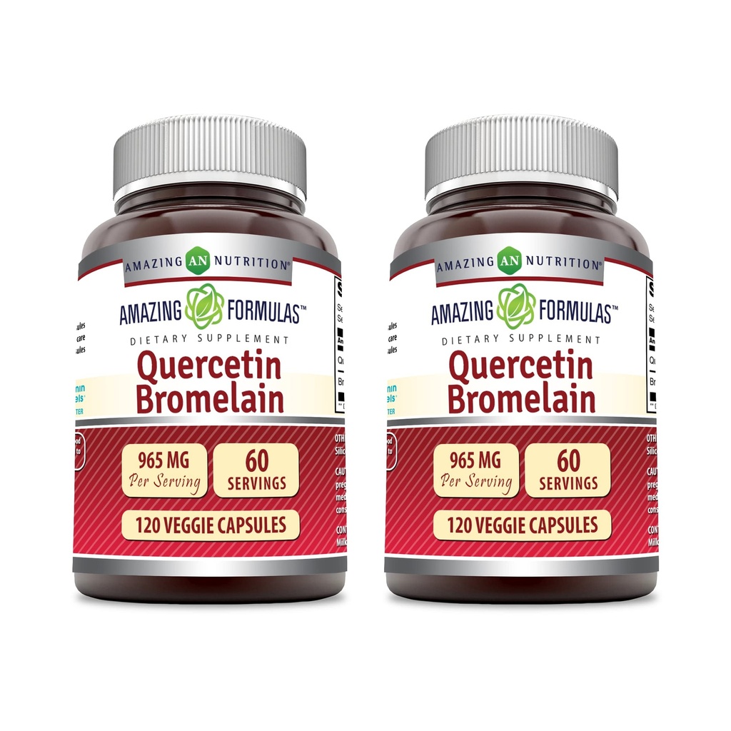 Amazing Formulas Quercetin 800mg with Bromelain 165mg, 120 Veggie Capsules Supplement (Pack of 2) - Non-GMO - Gluten Free - Supports Overall Health & Well Being