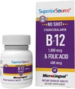 Superior Source No Shot Vitamin B- 12 Cyanocobalamin 1000 mcg & folsyre 400 mcg - Tilbyder energi, hjerte, hjerne, & Stress support - 60 Sublingual Opløsning tabletter
