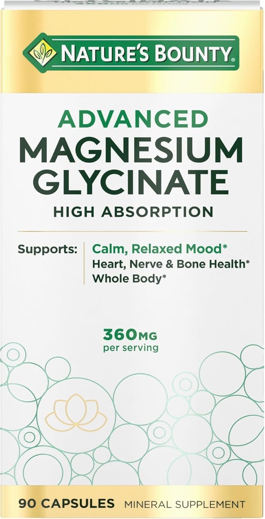 Naturaren Bounty Calm Magnesium Glycinate osagarria - Magnesium Absorption Altua Mood Erlaxatuarentzako, Bihotz eta Hezur Osasunerako, 90 kapsula