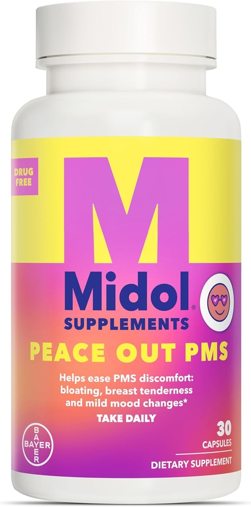 Suplementy MIDOL Peace Out PMS, PMS Supplement Supplement, Spreparowane z Chasteberry, aby pomóc złagodzić czułość piersi i łagodny nastrój zmian, Również z proszku imbirowego i Valerian Extract, 30 Count