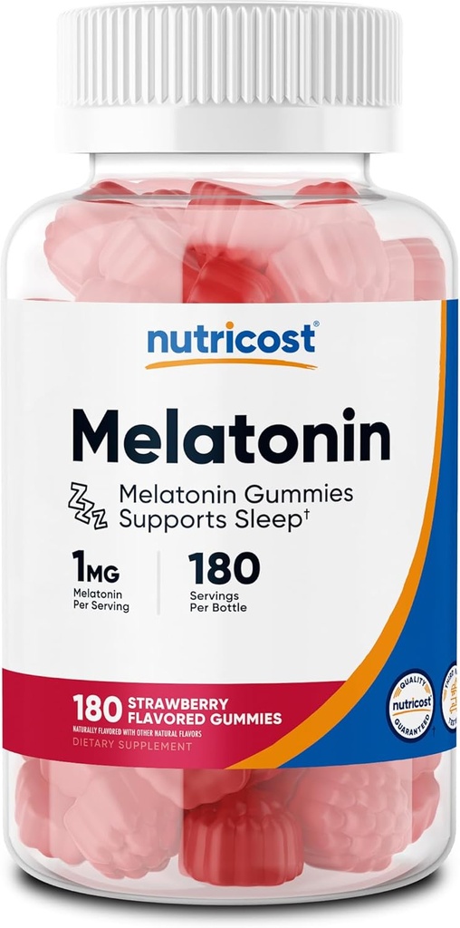 Nutricost Melatonin 1mg, 180 Gummies, Jahodové ochutené - bezlepkové, Non-GMO, Non Corn Sirup