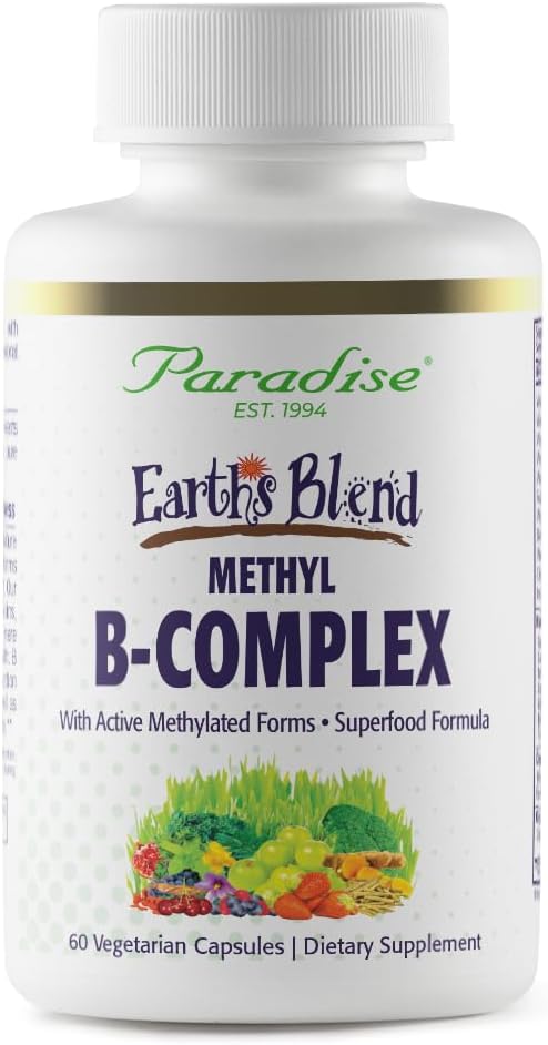 天堂草药 地球的B-Complex 甲基化 酶活性 B维生素+超食品 支持能量和豁免 60 Capsules