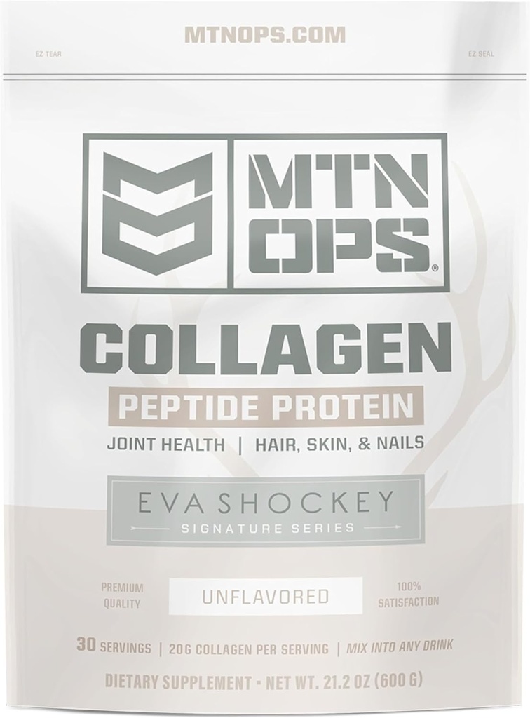 MTN OPS Collagen Peptide Protein Powder by Eva Shockey 's Signature Series, 20g Unflavored Bovine Collagen Peptide Protein per serving, Zero Sugar, Paleo Friendly, 30 Servere, 21.2 Ounce