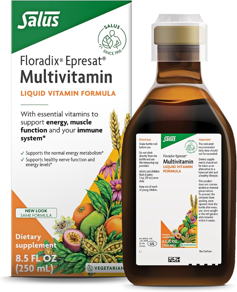 Floradix Epresat voksen flytende multivitamin - Herbal Supplement - Daglig Supplement med vitamin A, D, B6, Melk Thistle og mer - støtter energi og lever helse - vegetarisk, ikke-GMO - 8,5 fl oz