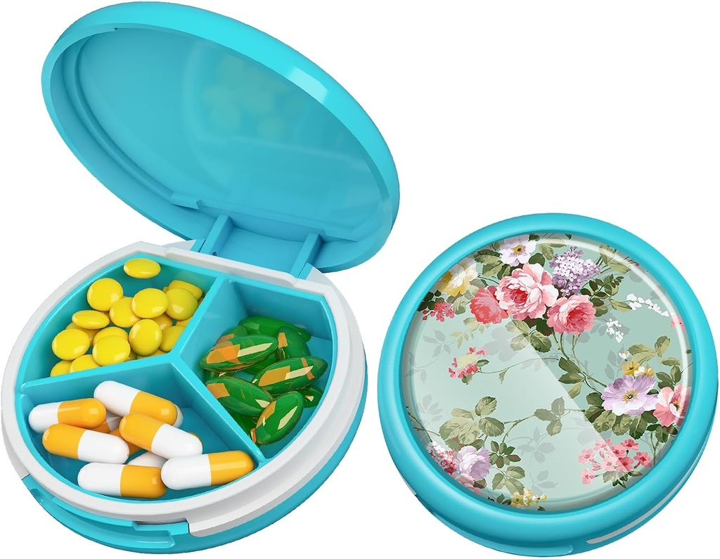 Serfeymi Small Pill Box - 3 השוואתיות ב- Portable Pill Box for Purse Pocket, Compact Mini Travel Pill Case - מתאים לרפואה, ויטמין, שמן דגים, תוספים - Light Blue (Garden Bloom)