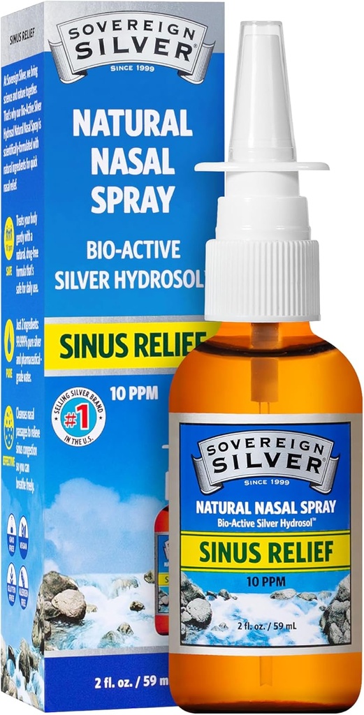 Spray nazal natural de argint suveran - Spray nazal de argint coloidal, Mist bio activ nas pentru congestia sinusală și suport imun, Adulți și copii, 10 ppm - 2 fl oz (59ml)
