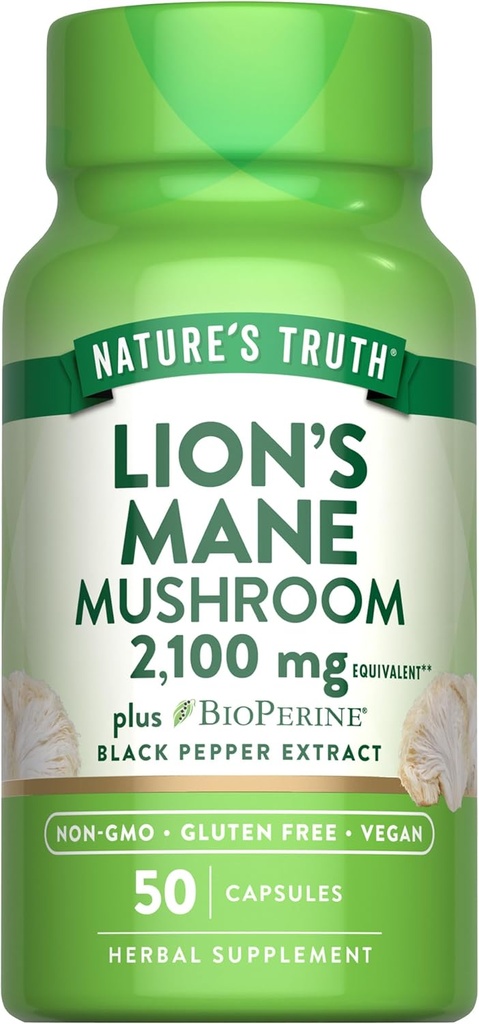 Nature's Truth Lions Mane Supplement Kapseln | 2100mg | 50 Count | mit BioPerine | Vegan, Non GMO & Gluten kostenlose Extrakt Formel