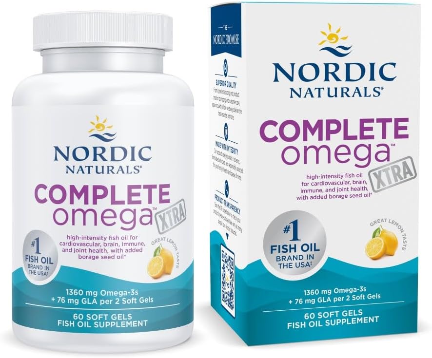 Naturals Nordic Complete Omega Xtra, Lemon - 60 Soft Gels - 1360 mg Omega-3 + 76 mg GLA - Skin Healthy - Cognition - Non-GMO - 30 Servings