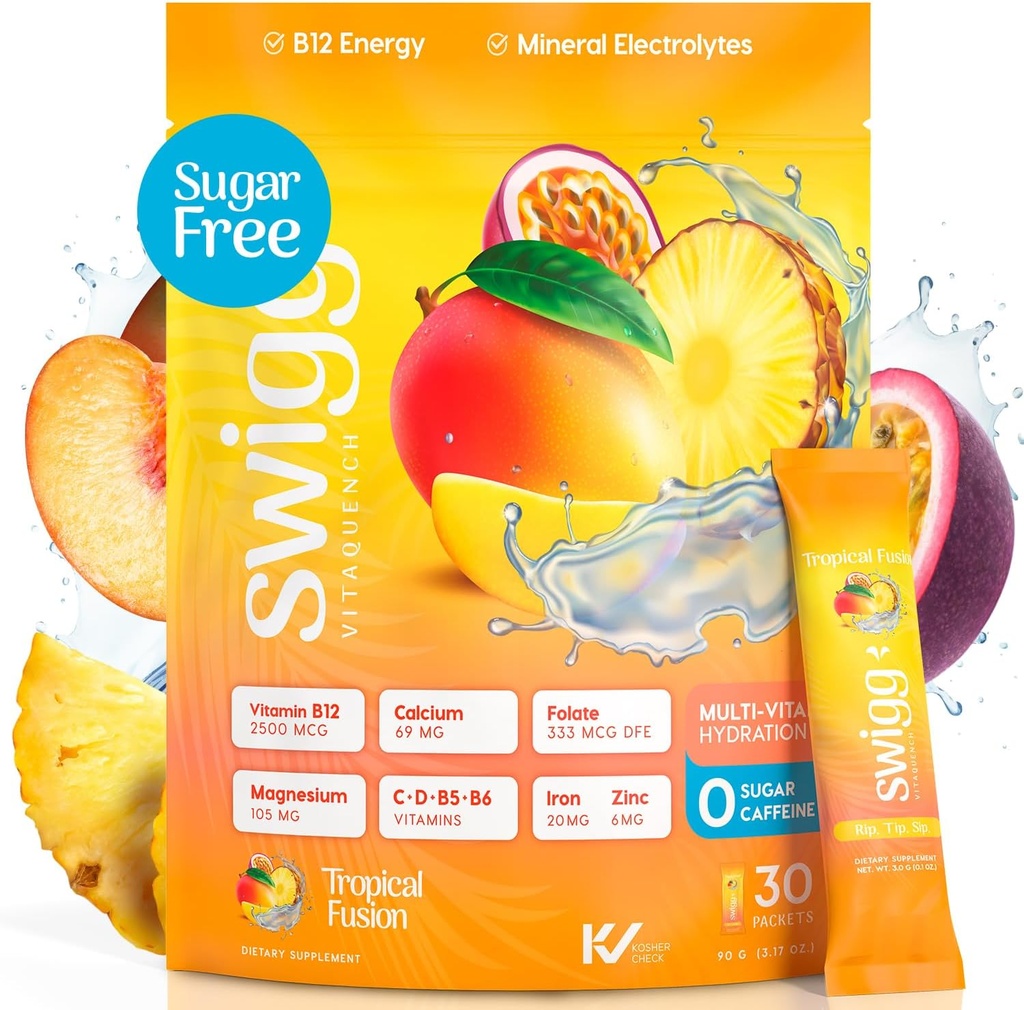 Swigg Electrolytes Powder Packets - No Sugar Multivitamina Hydration Powder, Sugar Free Electrolyte Drink Mix with Vitamin B12, B5, B6, C, D and Folate, Multi Vitamin Water, Tropical Fusion - 30 Sticks