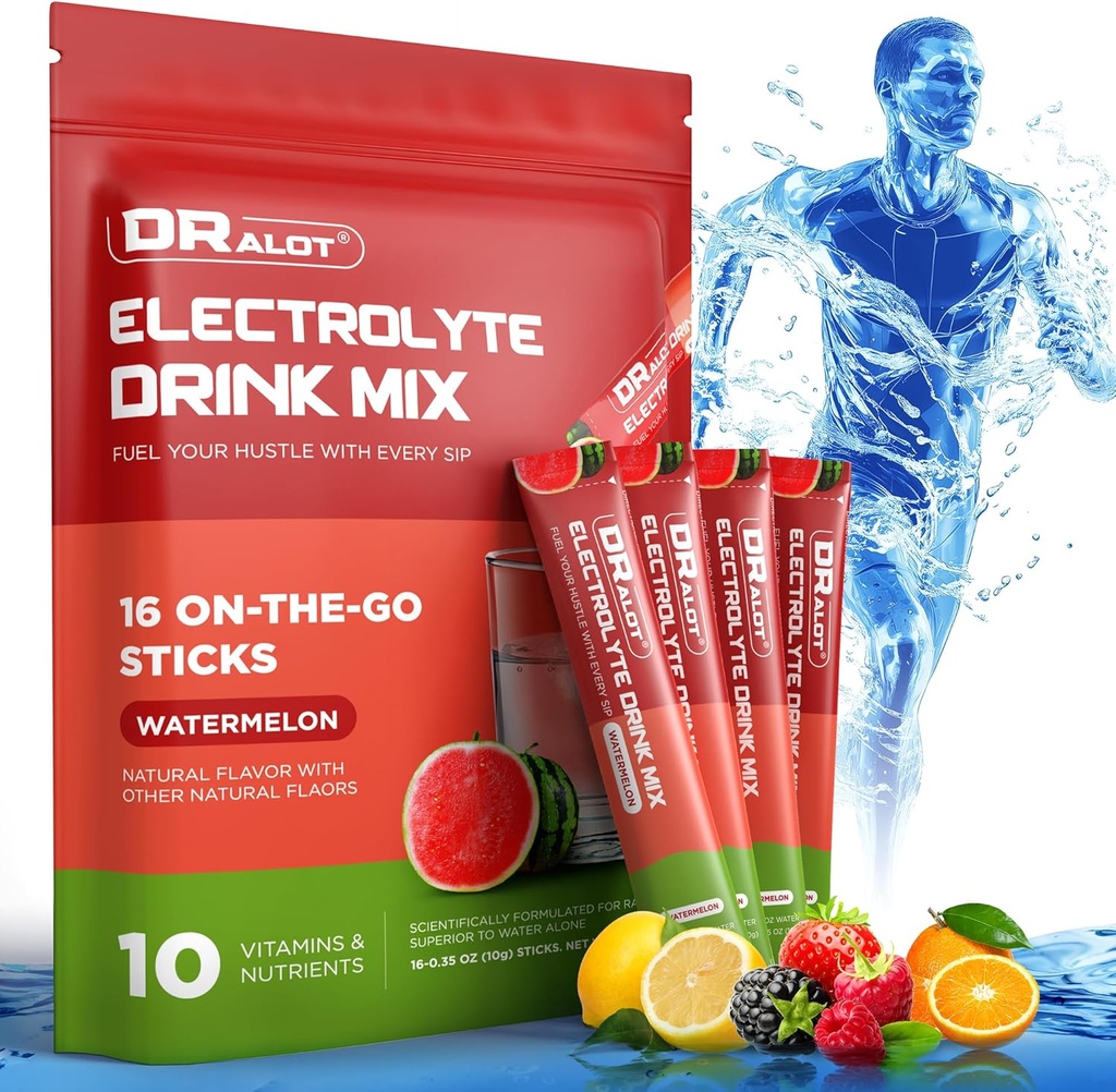 Sugar Free Electrolytes Powder with Natural Flavors, 3X Rapid Hydration Packets med 10 Electrolyte & Vitaminer, Flydende Daglig IV, Non- GMO, Gluten- Free, Keto, Vegan, 16 sticks, Watermelon