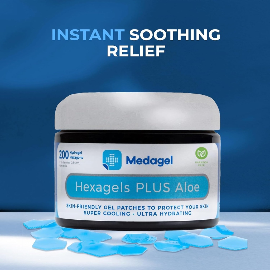 Hexagels Plus Aloe Vera - Advanced Healing Hydrogel Pads for Blister Prevention & Sooting Burn Care - Foot, Heel, Toe, & Ankle Protection, Pack of 200, 1-Inch Patches, by Medagel, Paraben Free