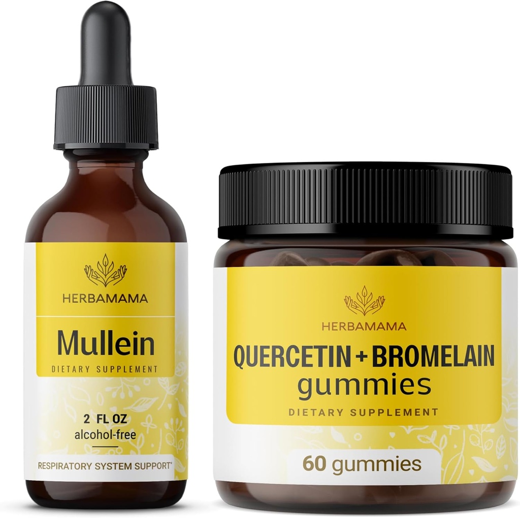 HerBAMAMA Mullein Leaf Extract and Quercetin Gummies Kit - Bundle of Mullein Leaf Drops 2 oz ו-800 מ"ג Quercetin with Bromelain Gummies - טבעוני, non-GMO, אלכוהול-Free 2 Pack - 2 Pack