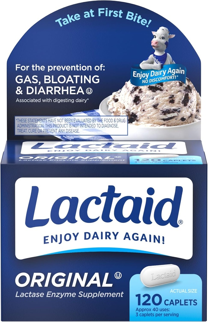 Lactaid Original Stärke Lactose Intolerance Pillen, 9000 FCC Natürliche Lactase Enzyme Dairy Relief Caplets, hilft Gas zu verhindern, Bloating & Durchfall aufgrund Lactose Empfindlichkeit in Erwachsene & Kinder, 120 Zähler