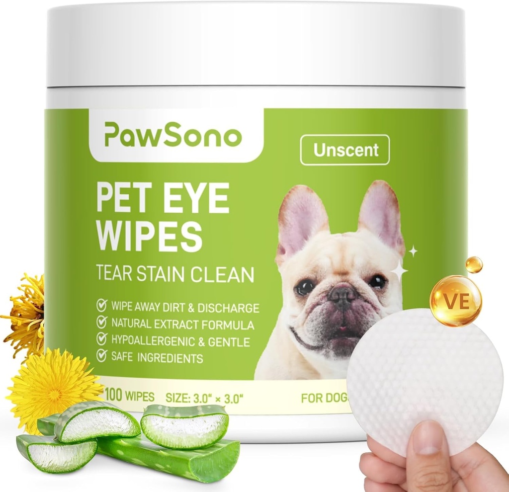 Eye Wipes for Dogs & Cats, Hipoallergenic Dog Eye Wipes Cleaning Pet Wipes Gently Delease Tear Stain, Eye Debris, Discharge, Mucus, Non-Irrtating, Unscent, 100 Pcs