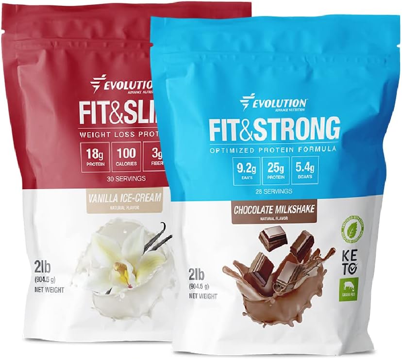 Evolution Advanced Nutrition Grass Fed 100% Whey Protein Powder + Fit & Slim z glukomannanom, Inulin Fiber – visoke vlaknine, visoke beljakovine, Pure, Keto Odobreno, Ne GSO, Stevia Sweeted – 2 Pack