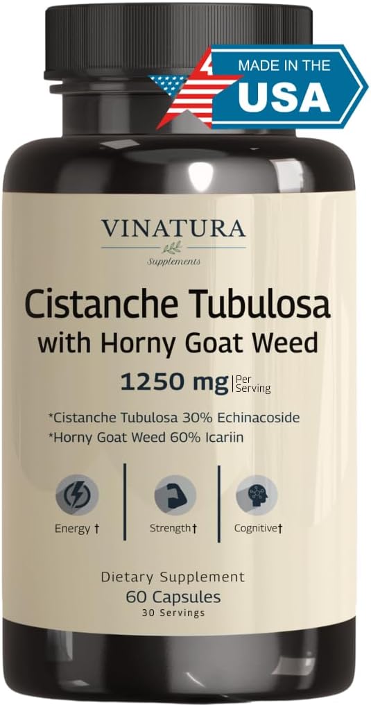VINATURA Cistanche with Horny Goat Weed 60% Icariin - 1250mg per Serving, Cistanche Tubulosa, Cistanche Supplement Men, Energy, Strength Cognitive *USA Made and Tested* - 60 Capsules 30 Servings