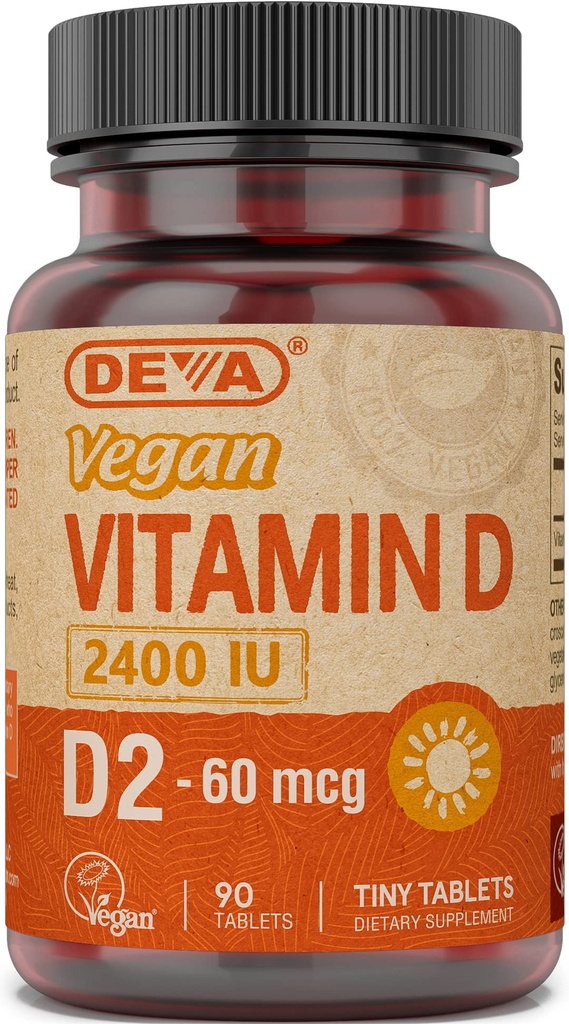 Deva Vegan Vitamin D2 60 mcg 2400 IU, Ergocalciferol Supplement with No Animal Ingredients, 90 Tablets, 1-Pack