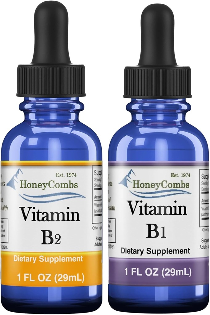 HoneyCombs Vitamine B1 (Thiamine) et B2 (Riboflavine) gouttes – végétalien, non-OGM, liquide sans alcool pour la santé, digestion, cheveux, peau et ongles